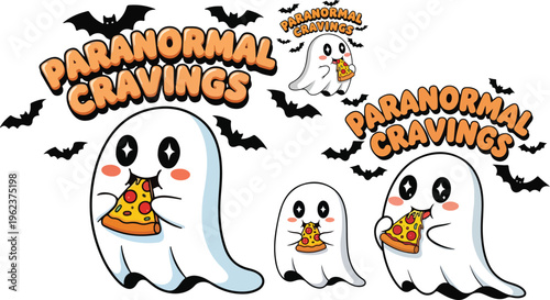 Paranormal Cravings cartoon ghost eating pizza, cute Halloween ghost character with bats and text, spooky food lover vector illustration