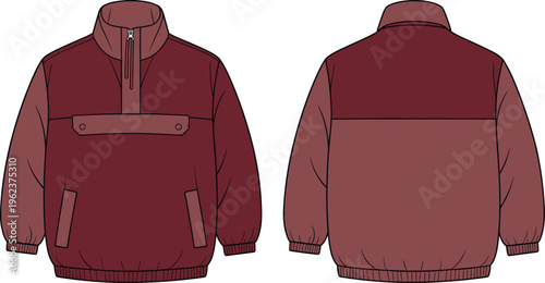 Unisex maroon color block anorak puffer jacket flat lay illustration, front and back view, half zip pullover, comfortable autumn and winter clothing vector art.