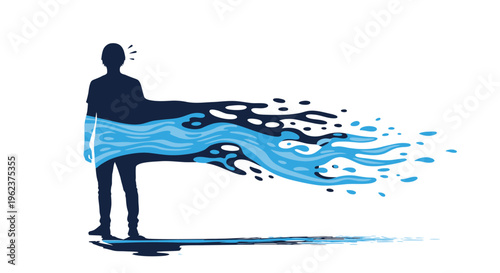 A silhouette of a man with water flowing from his body