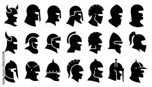 Collection of diverse ancient roman soldier helmets in profile view isolated on white background, Vector, illustration