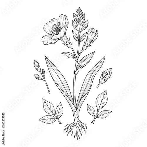 Botanical illustration of a flowering plant with roots, leaves, buds, and blooms.