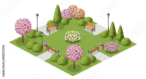 Isometric illustration of a vibrant spring garden scene with blooming flowers, stone path, pots, bench, and watering can on a white background