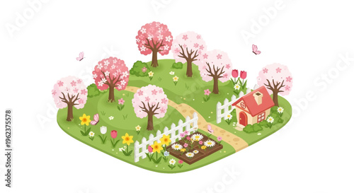 Isometric illustration of a blooming spring garden scene with a stone path, pots, bench, and watering can, set in a colorful yard with trees, flowers, and a red house