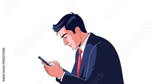 Businessman in suit using smartphone.