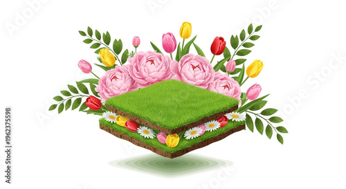 Isometric spring garden scene with blooming flowers, stone path, pots, and bench, featuring a colorful 3D illustration of a yard with a green lawn and vibrant flowers