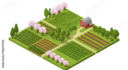 Isometric illustration of a vibrant spring garden scene with blooming flowers, stone path, pots, bench, and watering can in a colorful yard with a red barn
