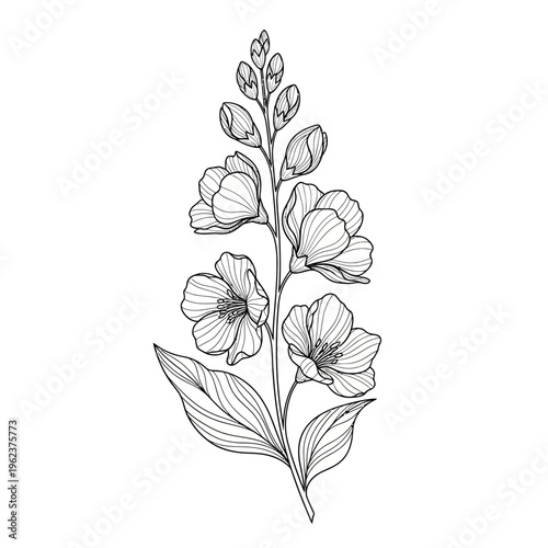 Elegant Black and White Line Art of a Blooming Flower Branch with Leaves