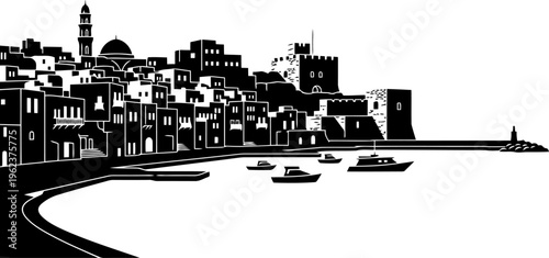 Byblos city skyline silhouette, ancient Phoenician coastal town, harbor, old stone buildings.
