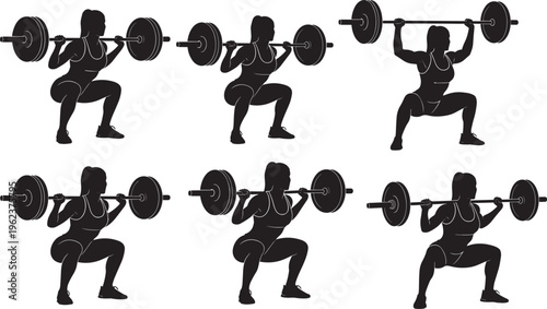Fitness woman silhouette collection featuring cad drawing flat vector illustration of female athlete weightlifting doing barbell squats and gym workout exercises graphics set.