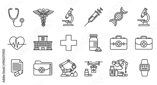 Medical icons set stethoscope syringe microscope