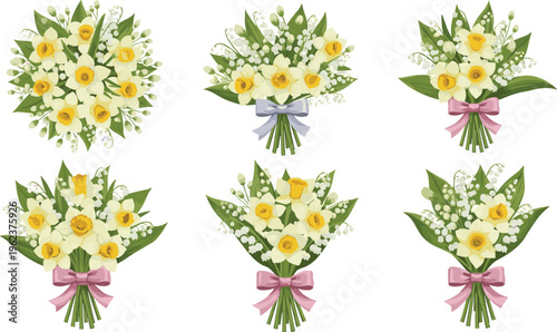 Daffodil and Lily of the Valley Bouquet Illustration Set with Spring Flower Arrangements and Floral Wedding Bouquets Vector Collection