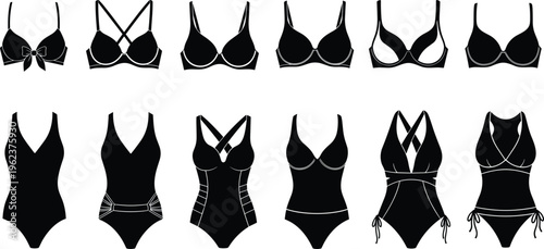 Large collection of professional women's swimwear and lingerie silhouettes including various bras and one piece bathing suits for fashion design and apparel retail vector illustration.