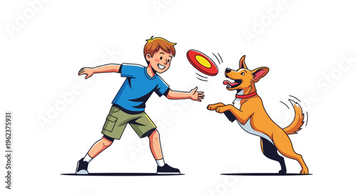 boy and dog playing with frisbee outdoors.