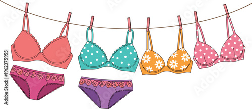 Collection of colorful women's bras and panties with floral and polka dot patterns hanging on a clothesline, fashion illustration for laundry and apparel design.