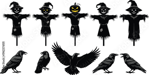 Set of spooky Halloween scarecrow silhouettes with glowing jack o lantern heads and creepy black crow birds vector illustration for autumn horror design projects.