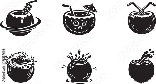 Tropical Coconut Beverage Icon Set Summer Drink Symbols