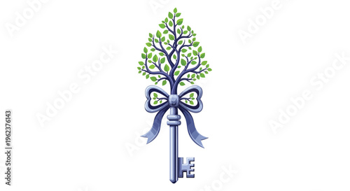 A stylized illustration of a key with a tree growing out of it, tied with a ribbon bow on a white background