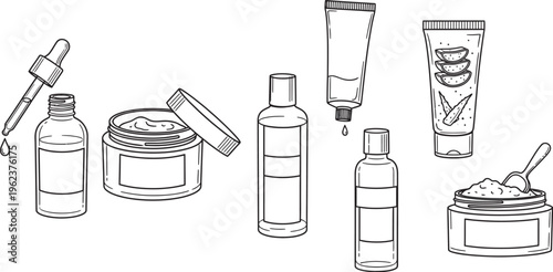 Various cosmetic skincare products line art illustration with bottles, tubes, and jars on white background for beauty, wellness, and lifestyle concepts