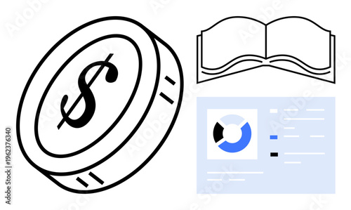 Financial concept. Coin graphic money and economy. Open book education and research. Data chart for analytics, financial planning, and business growth. Ideal for finance, banking, economy education