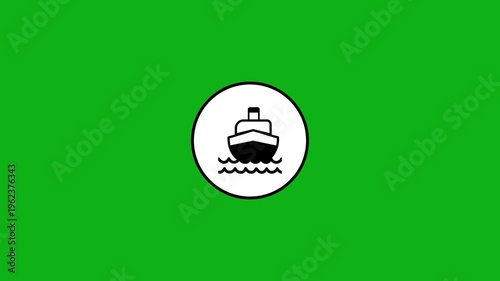 Animated cargo ship illustration on green screen background, vessel floating on water in motion.