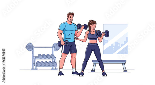 Man and woman exercising with dumbbells.