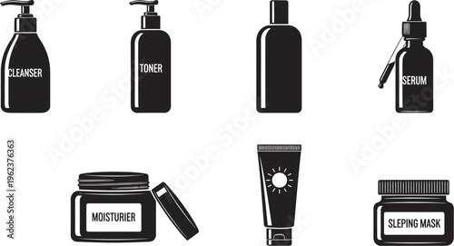 Black and white illustration of various skincare products on a clean white background, including cleanser, toner, serum, moisturizer, sleeping mask, and sunscreen, for beauty and skincare concept