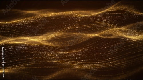 Layered golden particle waves forming smooth ribbon-like bands flowing horizontally across deep dark space in smooth seamless cinematic motion