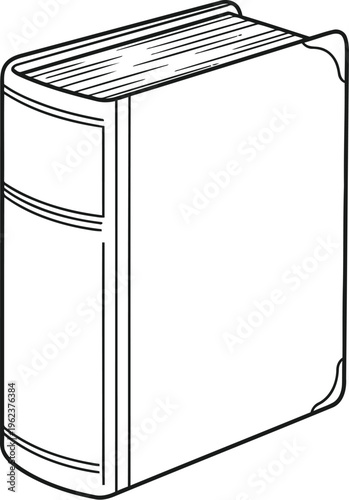 A simple black and white line art illustration of a closed hardcover book standing upright.