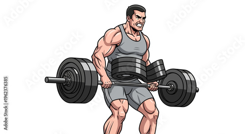 Muscular man lifting heavy dumbbells with effort.