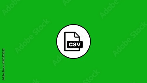 Animation of csv file document icon zooming in on green background with white circle frame.