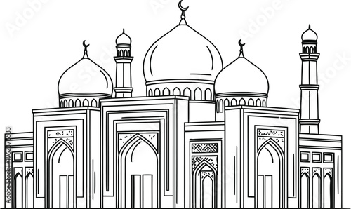 A detailed black and white line art illustration of a traditional islamic mosque architecture
