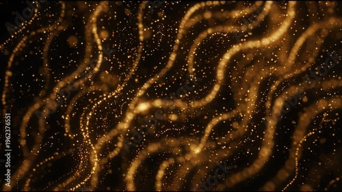 Golden particle streams forming diagonal flowing currents with drifting glowing points in deep black space in smooth seamless cinematic motion