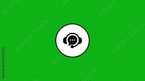 Animated customer service icon with headphone and chat bubble on green screen background.