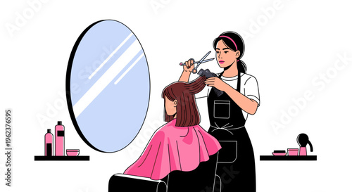 Woman getting haircut at salon.
