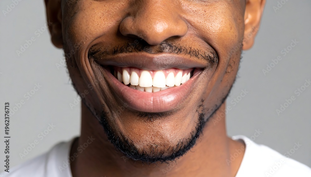 Naklejka premium Close-up of a smiling individual's mouth, showcasing bright, healthy teeth and a trimmed beard. The subject wears a simple white shirt