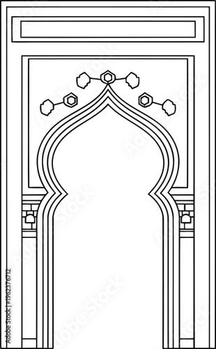 A detailed line drawing illustration of an ornate traditional middle eastern architectural archway