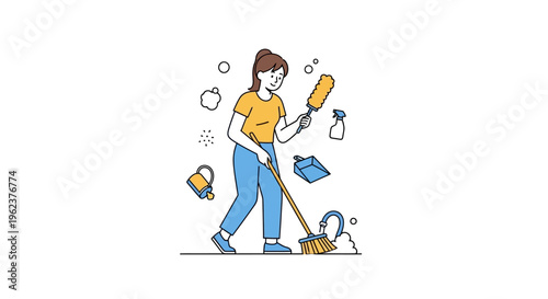 Woman cleaning with broom and duster.