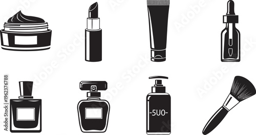 Black and white illustration of various makeup products and cosmetics including lipstick, mascara, perfume, and makeup brush on white background