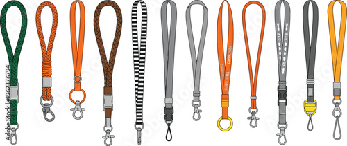 Professional collection of various colorful neck lanyard straps with metal clips and plastic buckles vector illustration, technical drawing for identification badge holders and passes.
