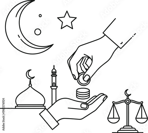 A line art illustration representing zakat with hands donating coins near a mosque and a scale.