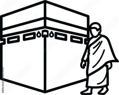 A simple black and white line art illustration of a pilgrim standing beside the sacred kaaba cube