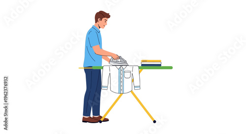 man standing ironing clothes on board.
