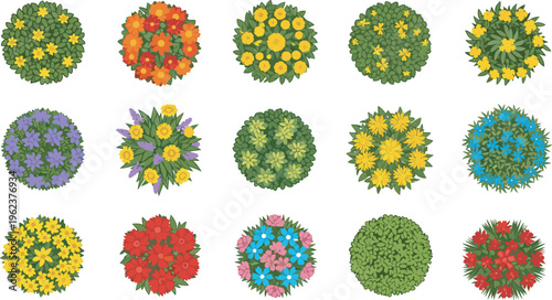 Flower bush collection featuring cad drawing flat vector illustration of colorful garden plants top view for landscape design and architecture isolated graphics set.