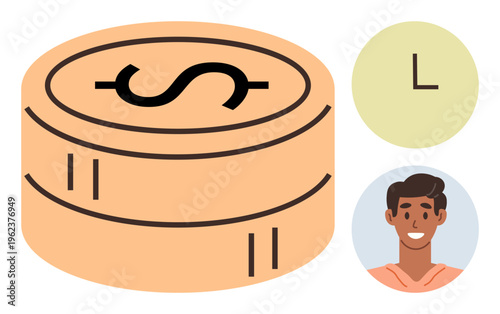 Financial planning, time management, budgeting, investment, savings, personal finances. Stack of coins, timer male portrait. Financial planning and time management concept