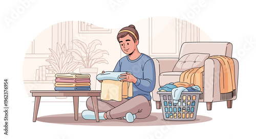 Man folding laundry in living room.