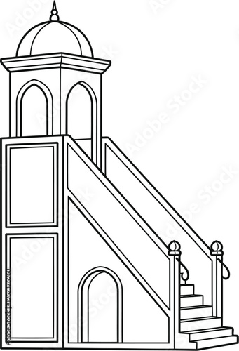 A simple black and white line drawing of a traditional islamic mosque minbar pulpit for sermons
