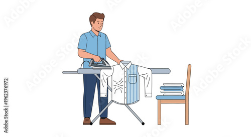 Man ironing clothes on ironing board.