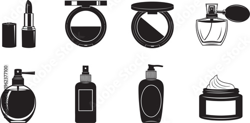 Black and white makeup beauty products icons set including lipstick, eyeshadow, perfume, lotion, and cream on white background for cosmetic branding and advertising
