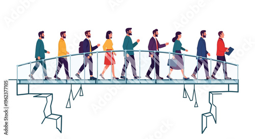 A group of business professionals walking together on a bridge in a modern urban setting
