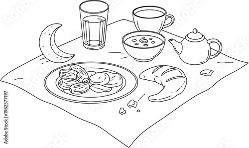 A simple black and white line art illustration of a traditional ramadan iftar meal setup layout.